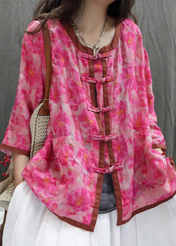 Red Grid Print Chinese Button Cotton Shirt Top Summer