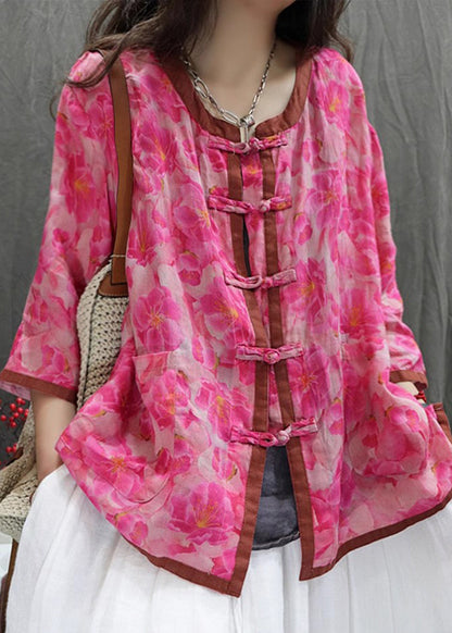 Red Grid Print Chinese Button Cotton Shirt Top Summer