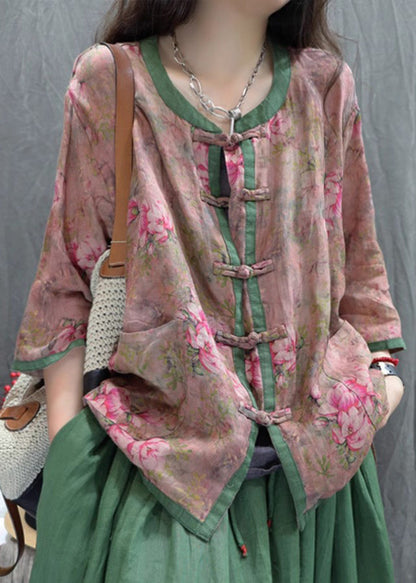 Purple Print Chinese Button Cotton Shirt Top Summer