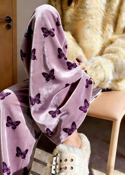 Purple Print Draping Silk Velvet Wide Leg Pants