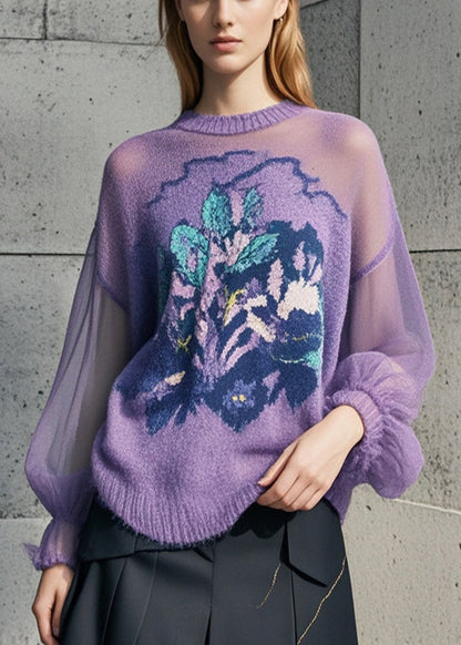 Purple Print Hollow Out Knit Pullover Fall