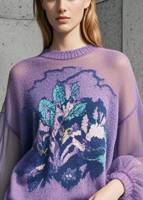 Purple Print Hollow Out Knit Pullover Fall