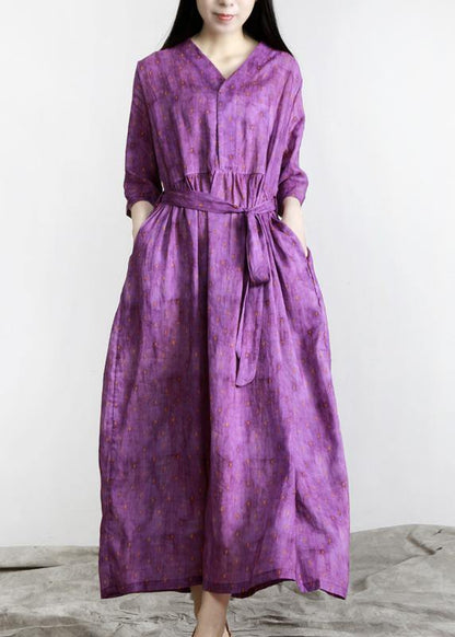 Purple Print Linen Tie Waist Summer Robe Dresses