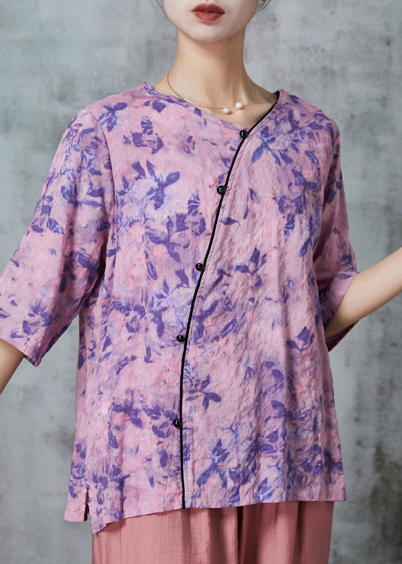 Purple Print Patchwork Linen Shirt Tops Half Sleeve