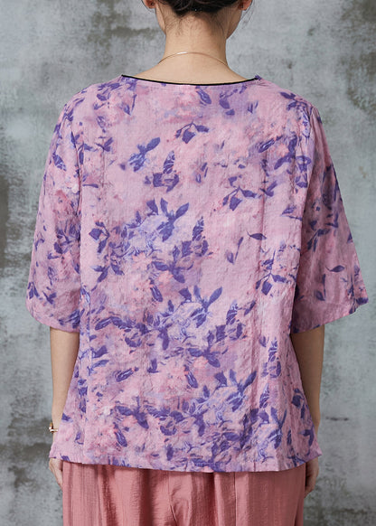 Purple Print Patchwork Linen Shirt Tops Half Sleeve