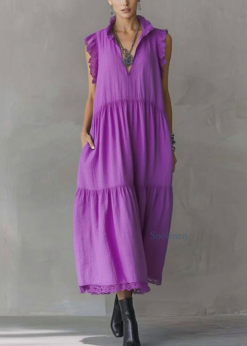 Purple Ruffled Lace Patchwork Cotton Dresses Sleeveless