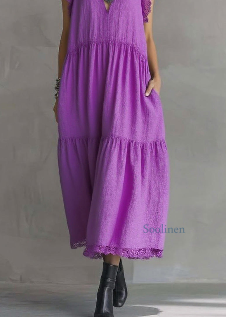 Purple Ruffled Lace Patchwork Cotton Dresses Sleeveless
