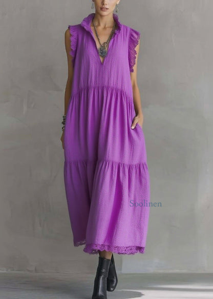Purple Ruffled Lace Patchwork Cotton Dresses Sleeveless