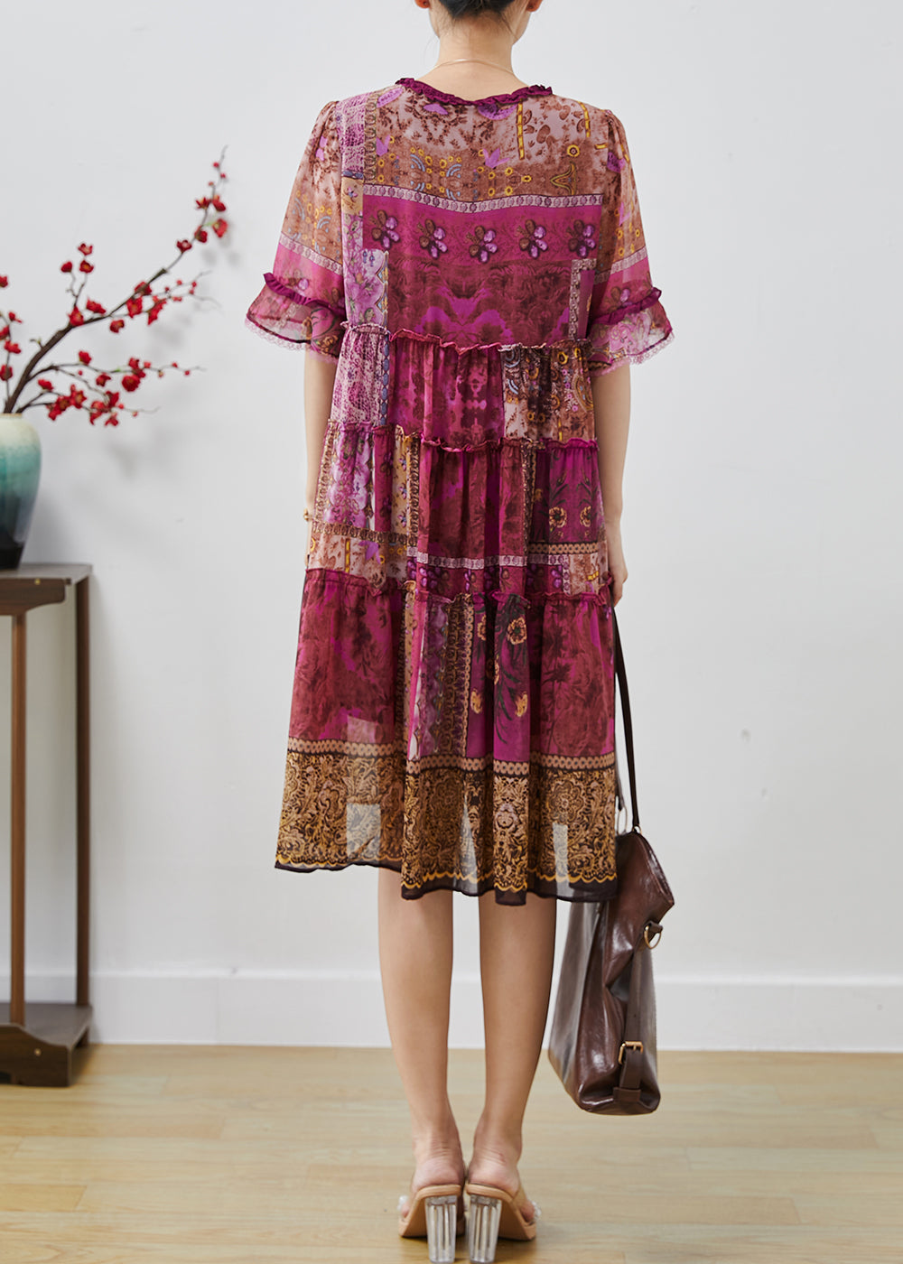 Purple Ruffled Print Chiffon Dresses Summer
