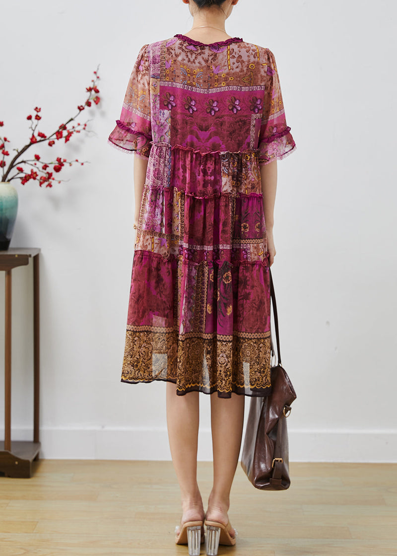 Purple Ruffled Print Chiffon Dresses Summer