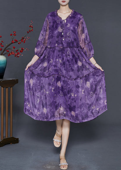 Purple Ruffled Print Chiffon Maxi Dress Summer