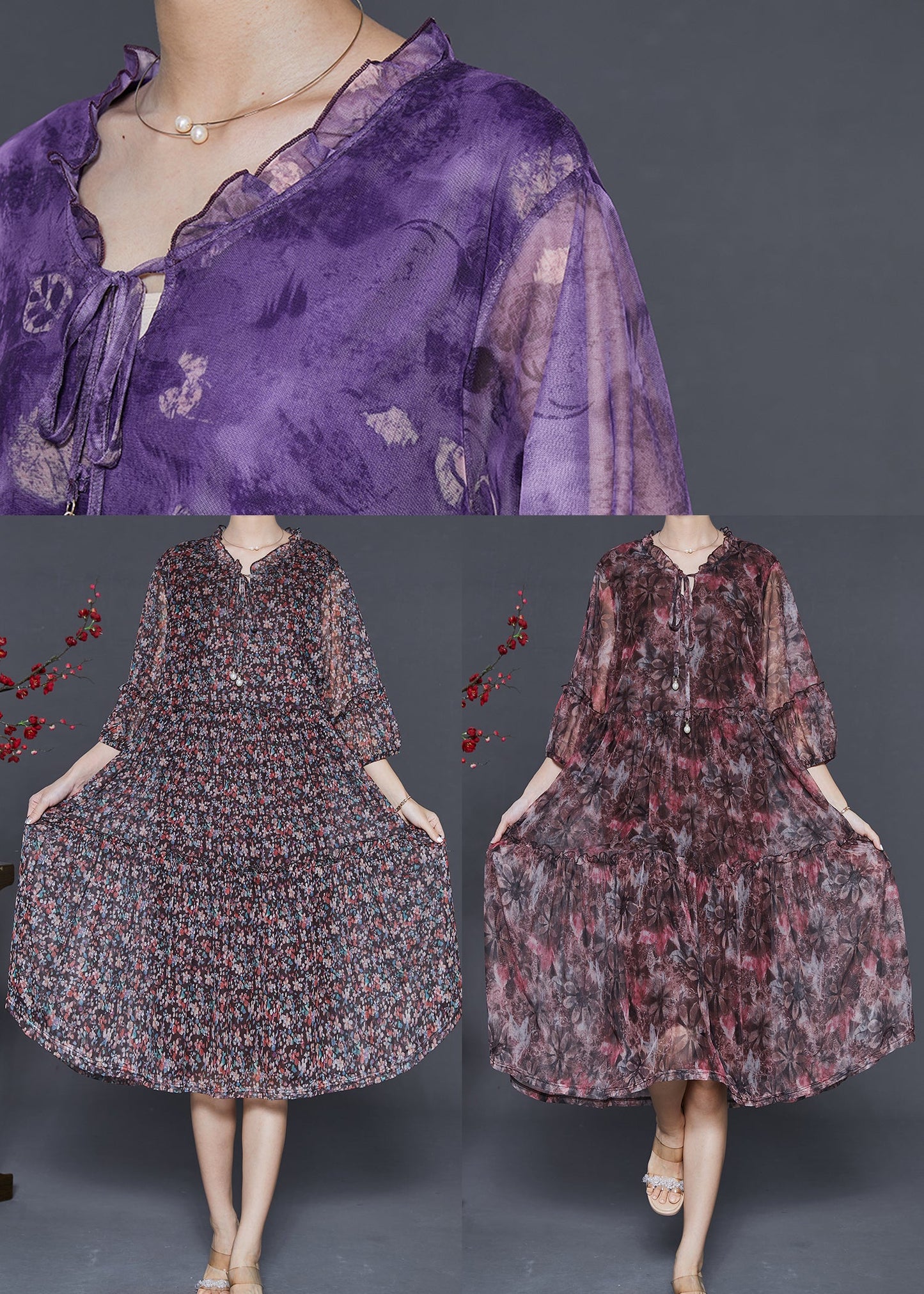 Purple Ruffled Print Chiffon Maxi Dress Summer
