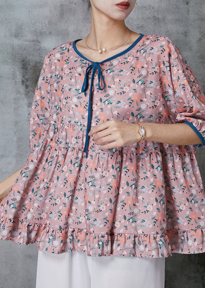 Purple Ruffled Print Cotton Blouses Summer