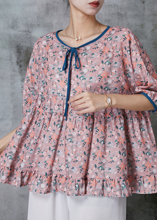 Purple Ruffled Print Cotton Blouses Summer