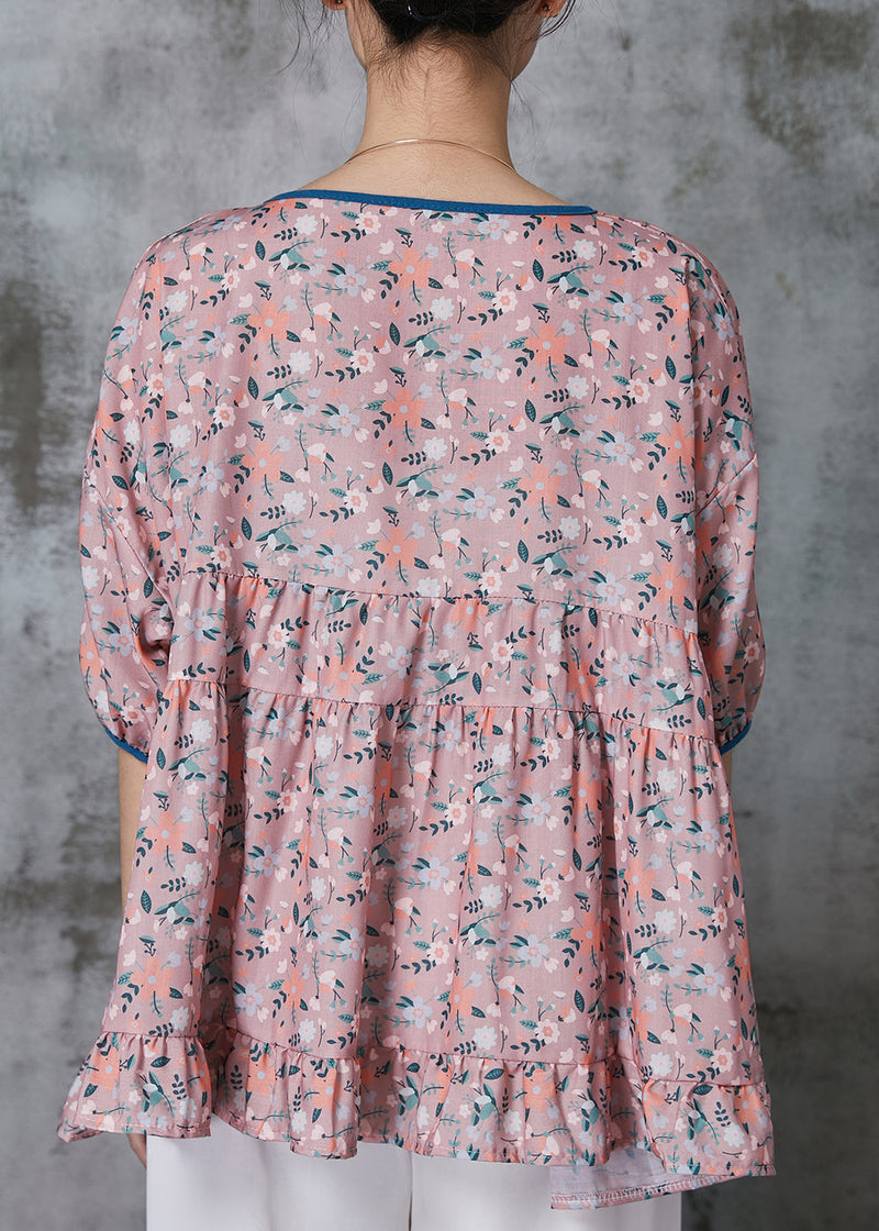 Purple Ruffled Print Cotton Blouses Summer