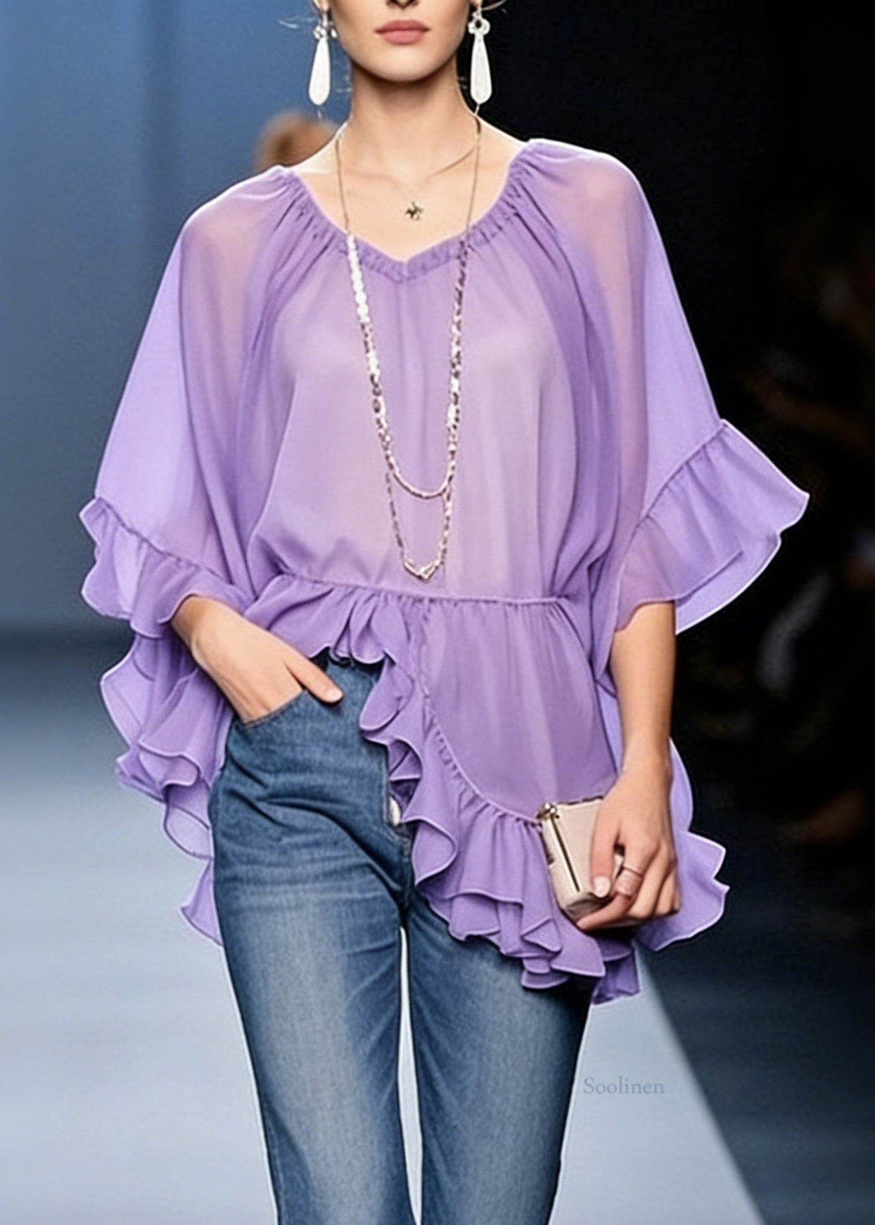 Purple Ruffled Chiffon Shirt V Neck Half Sleeve
