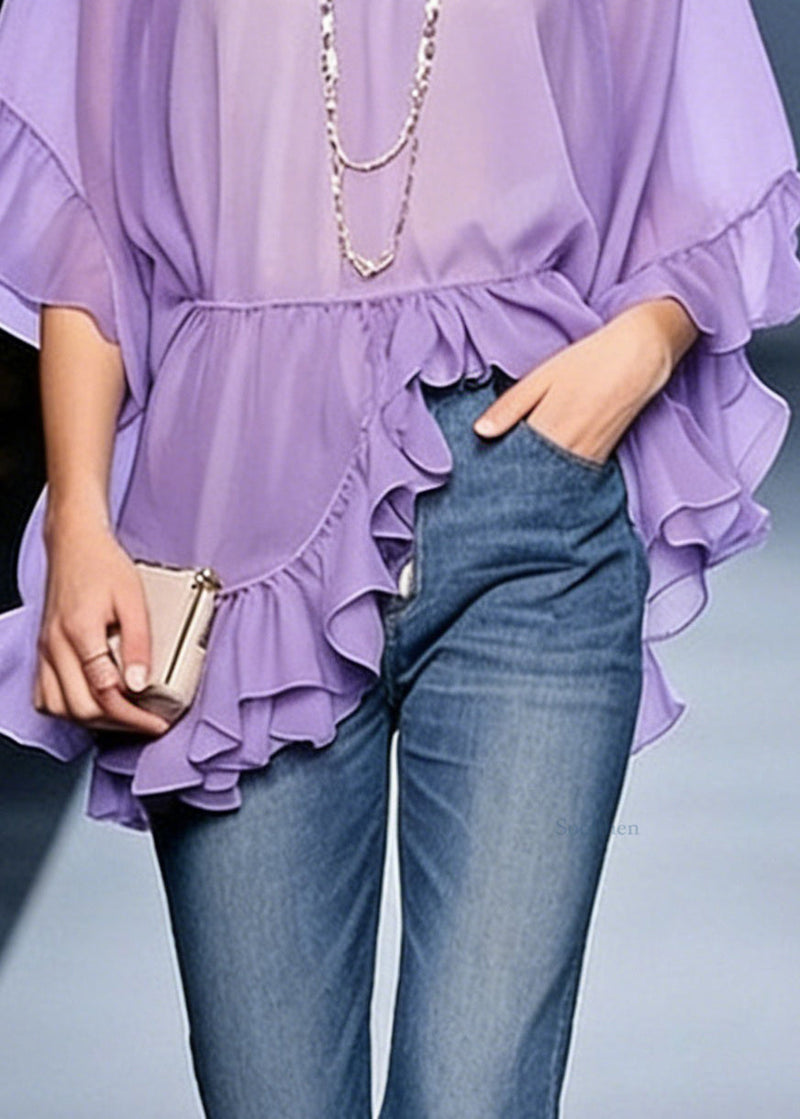Purple Ruffled Chiffon Shirt V Neck Half Sleeve
