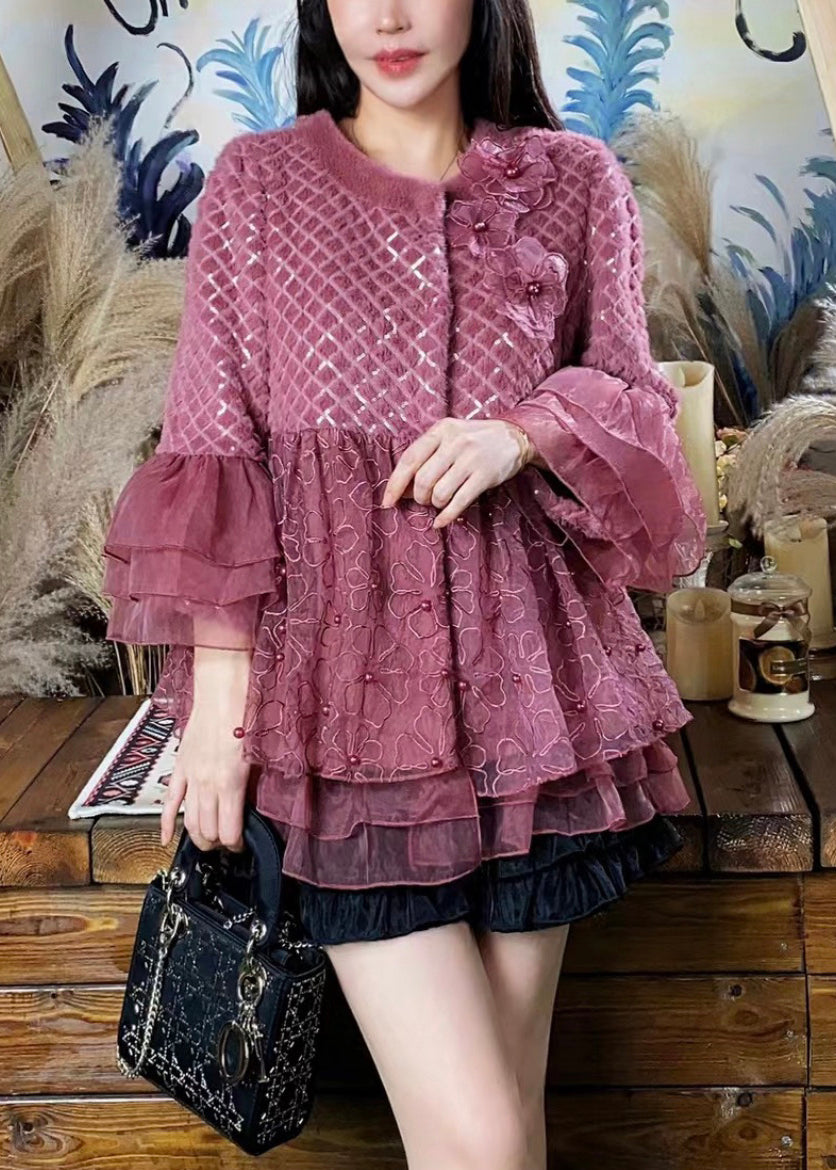 Purple Ruffled Tulle Patchwork Mink Velvet Coats Winter
