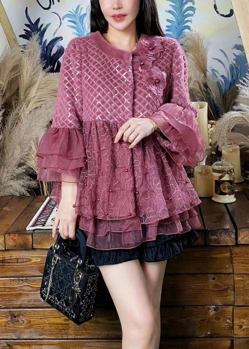 Purple Ruffled Tulle Patchwork Mink Velvet Coats Winter