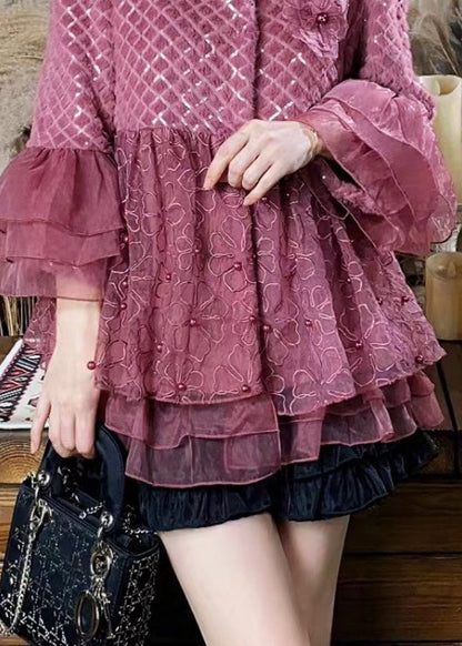 Purple Ruffled Tulle Patchwork Mink Velvet Coats Winter