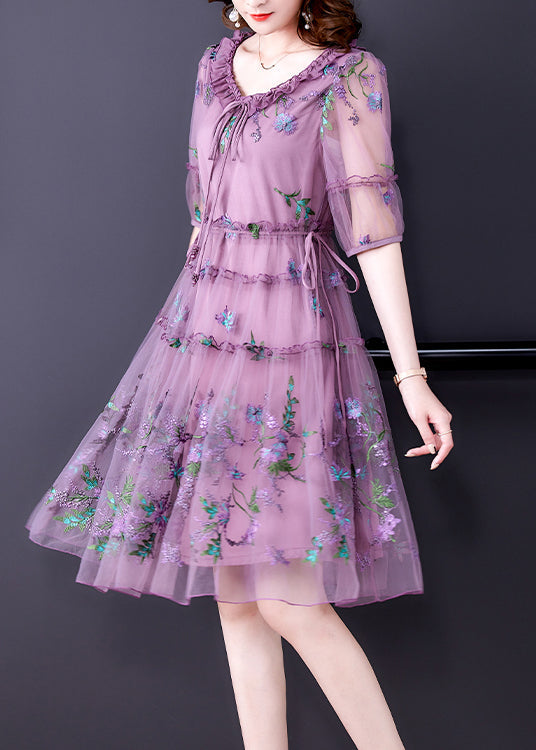 Purple Ruffled Tulle Patchwork Chiffon a Line Dress Half Sleeve