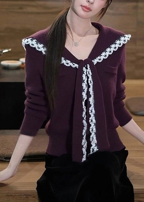 Purple Sailor Collar Lace Patchwork Knit Sweater Winter