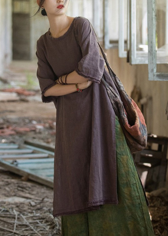 Purple Side Open Linen T Shirt Dresses Summer