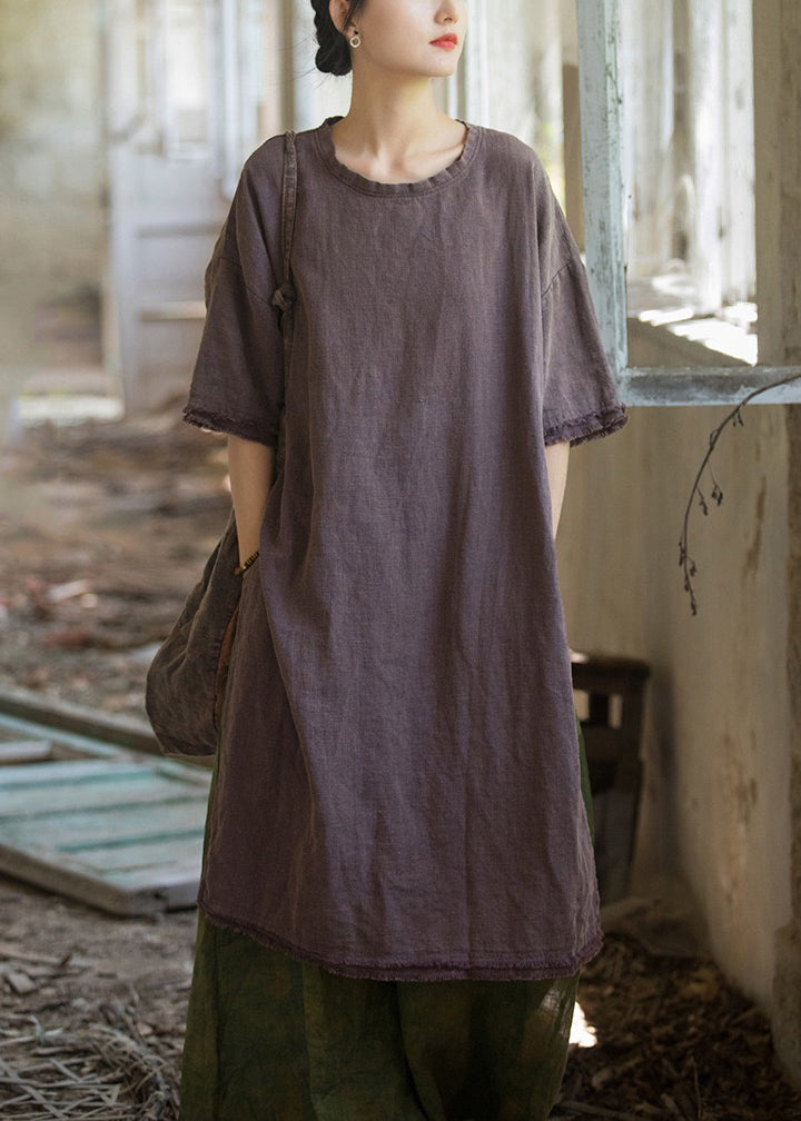 Purple Side Open Linen T Shirt Dresses Summer