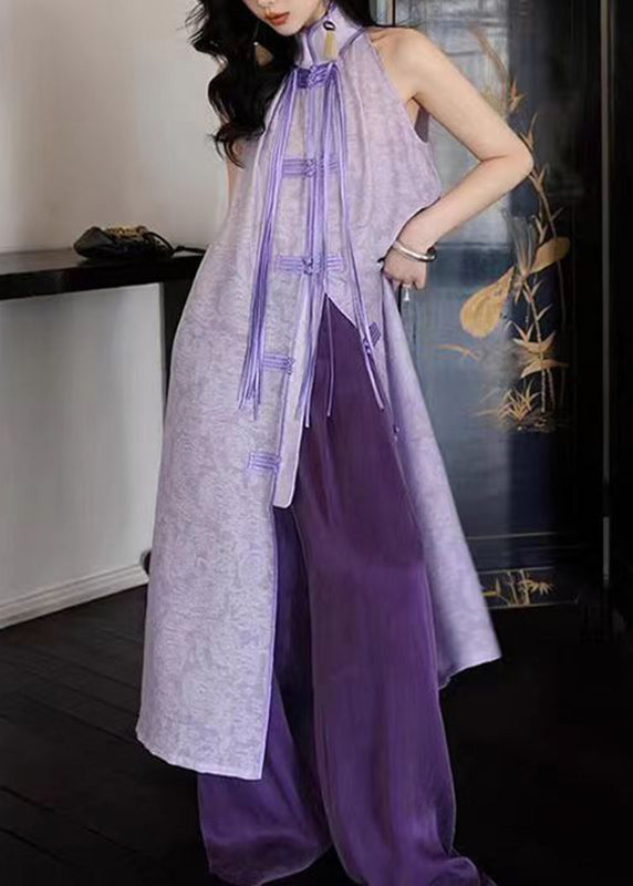 Purple Stand Collar Asymmetrical Button Tassel Maxi Dresses Summer