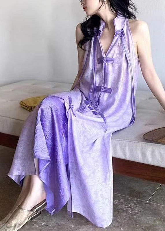 Purple Stand Collar Asymmetrical Button Tassel Maxi Dresses Summer