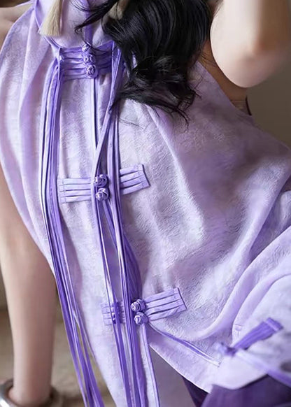 Purple Stand Collar Asymmetrical Button Tassel Maxi Dresses Summer