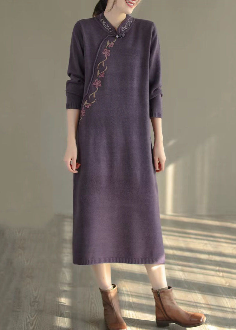 Purple Stand Collar Embroideried Knit Sweater Dress Winter