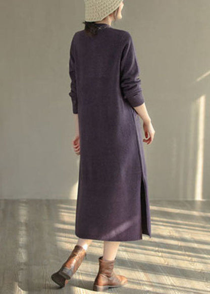 Purple Stand Collar Embroideried Knit Sweater Dress Winter