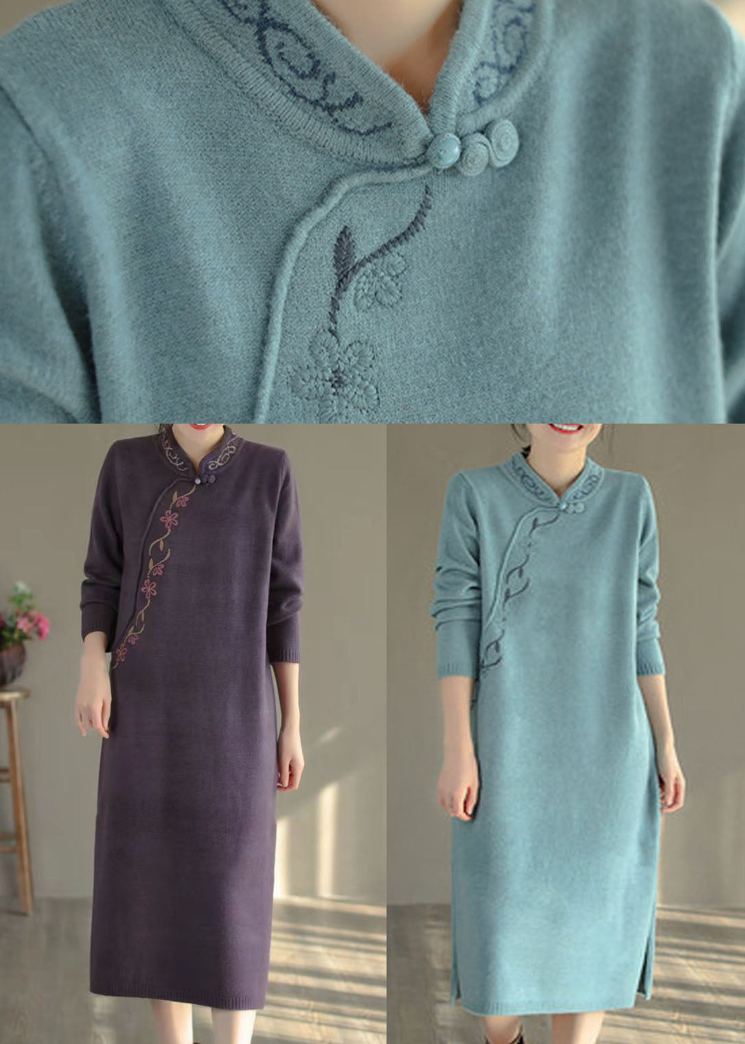 Purple Stand Collar Embroideried Knit Sweater Dress Winter