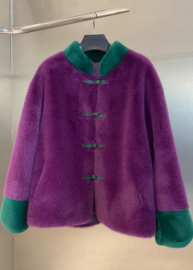 Purple Stand Collar Patchwork Oriental Button Mink Velvet Coats Winter