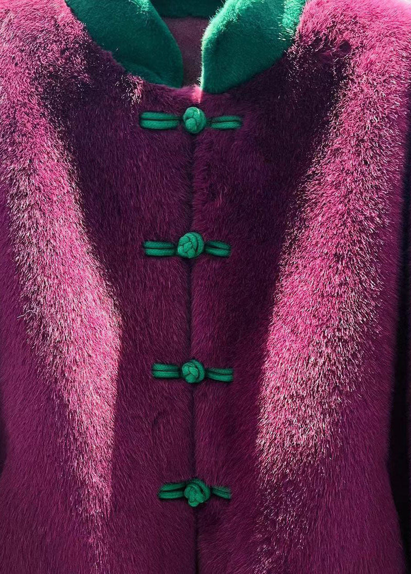 Purple Stand Collar Patchwork Oriental Button Mink Velvet Coats Winter