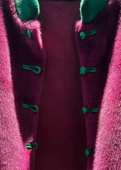 Purple Stand Collar Patchwork Oriental Button Mink Velvet Coats Winter