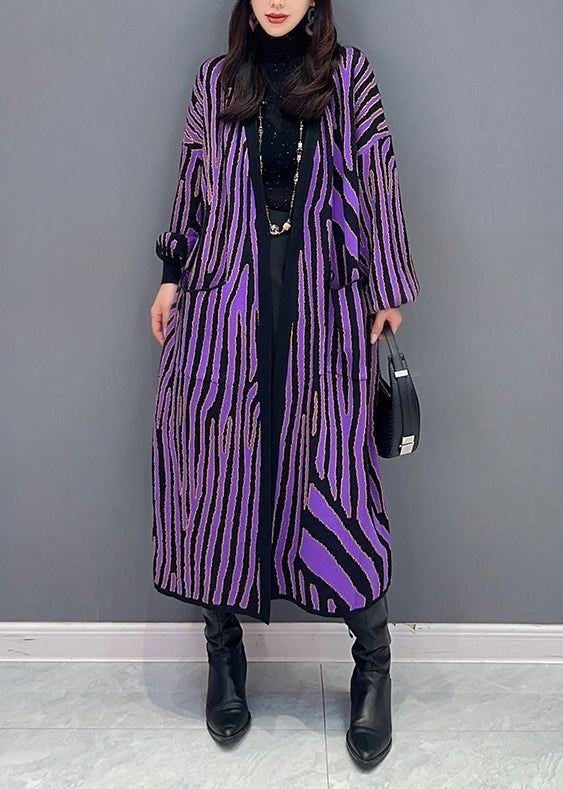 Purple Striped Pockets Patchwork Knit Long Cardigan Fall
