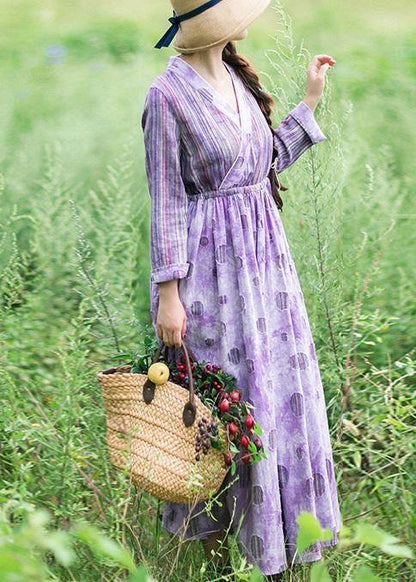 Purple Striped Quilting Dresses Patchwork Two Ways to Wear Long Spring Dress