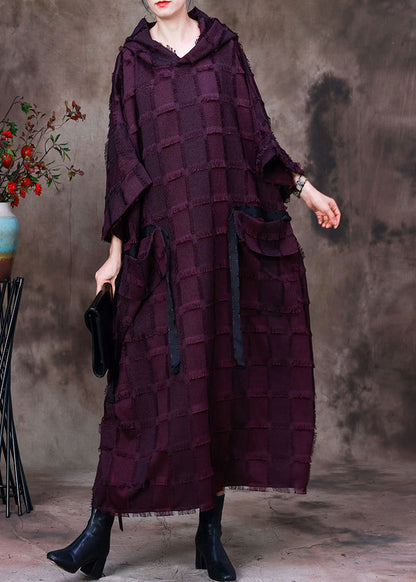 Purple Striped Silk Cotton Hooded Dresses Long Sleeve