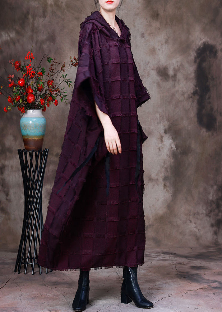 Purple Striped Silk Cotton Hooded Dresses Long Sleeve