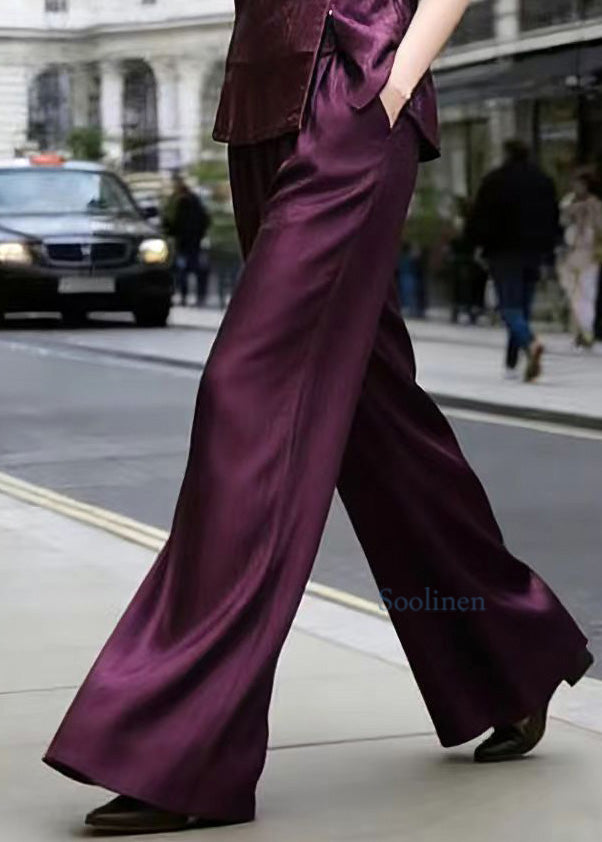 Purple Top and Wide Leg Pants Silk Two Piece Set Summer