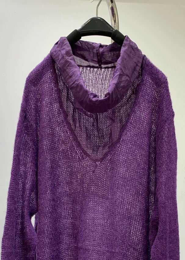 Purple Turtleneck Hollow Out Knit Sweaters Fall