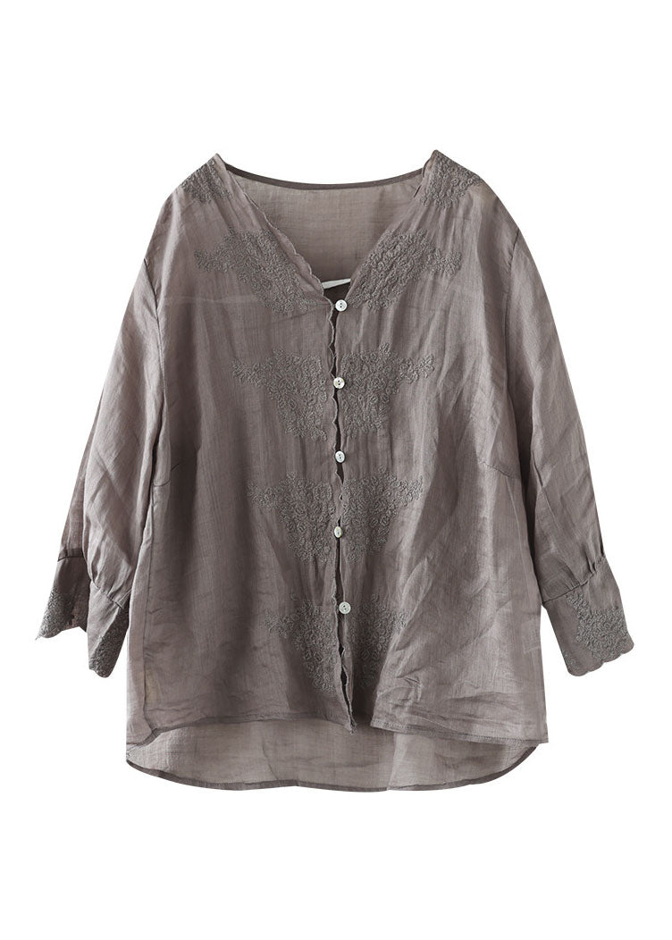 Purple V Neck Button Linen Shirt Half Sleeve