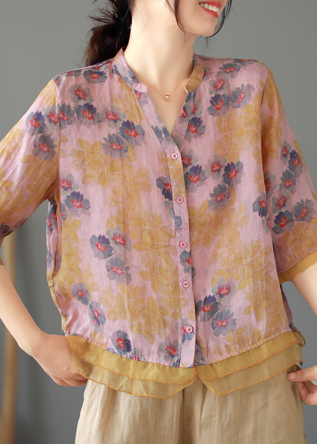 Purple V Neck Button Patchwork Linen Shirt Tops Summer