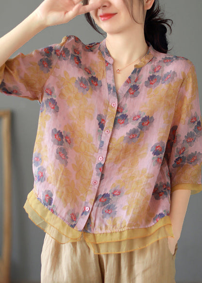 Purple V Neck Button Patchwork Linen Shirt Tops Summer