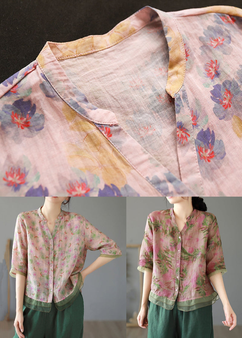Purple V Neck Button Patchwork Linen Shirt Tops Summer