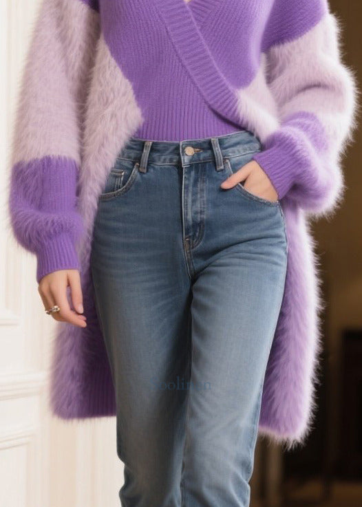 Purple V Neck Patchwork Faux Fur Long Sweater Winter
