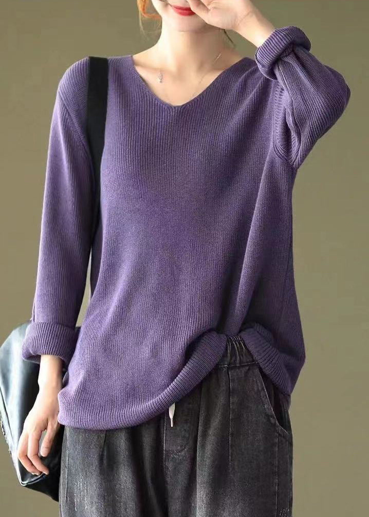 Purple V Neck Patchwork Knitting Cotton Tops Long Sleeve