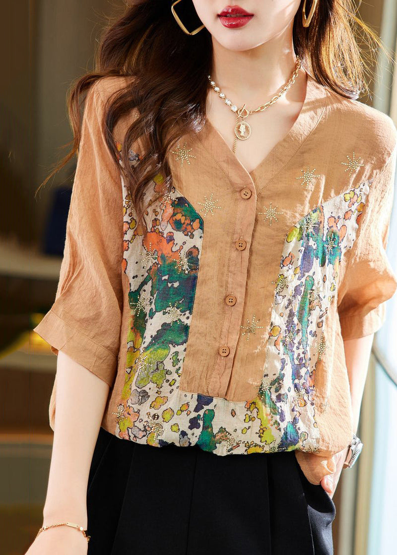 Purple V Neck Patchwork Print Cotton Tops Half Sleeve